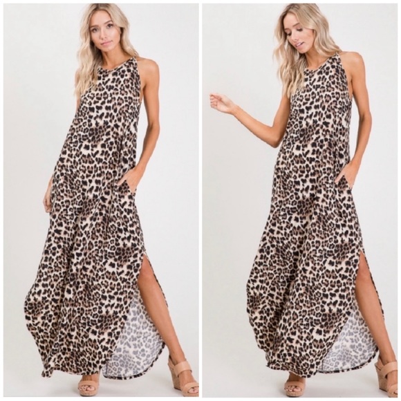 New! Animal Print Slit Maxi Dress with Pockets - Picture 7 of 7
